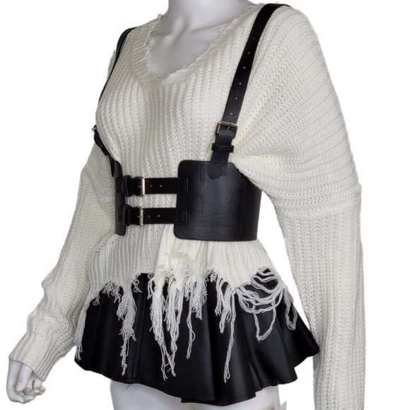 Leather Vintage Style Suspender Belt, Distressed Sweater, and Peplum Skirt - Picture 2 of 8